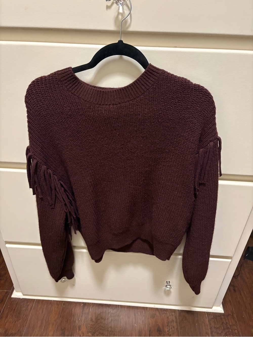 Fringe Sleeve Chunky Knit Sweater - Burgundy
